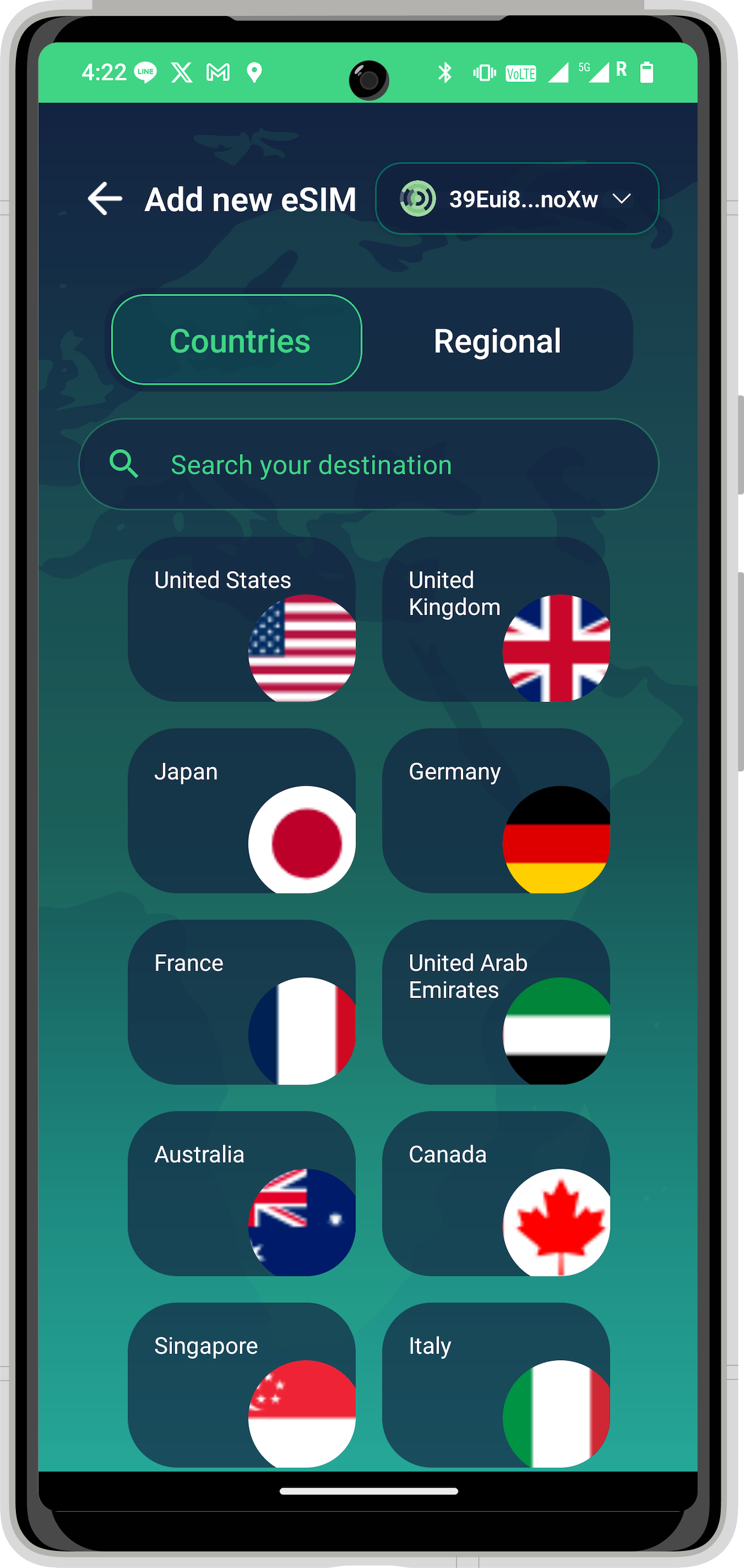 Mukon Mobile — add new eSIM, choose a country
